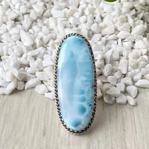Larimar Gemstone Ring 925 Sterling Silver Statement Handmade Ring All Size C562