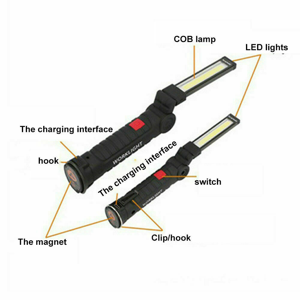 Magnetic Rechargeable COB LED RED Work Light Lamp Flashlight Folding Torch