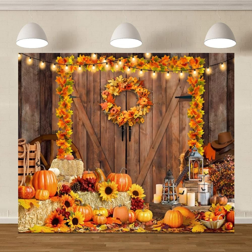 Fall Thanksgiving Backdrop 10x8ft Rustic Barn Autumn Pumpkin Haystack Friends...
