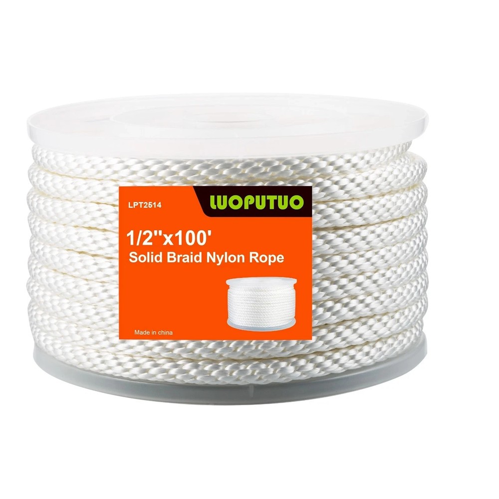 1/2 INCH 100 FT White Nylon Solid Braid Rope-Multipurpose for Flag Poles