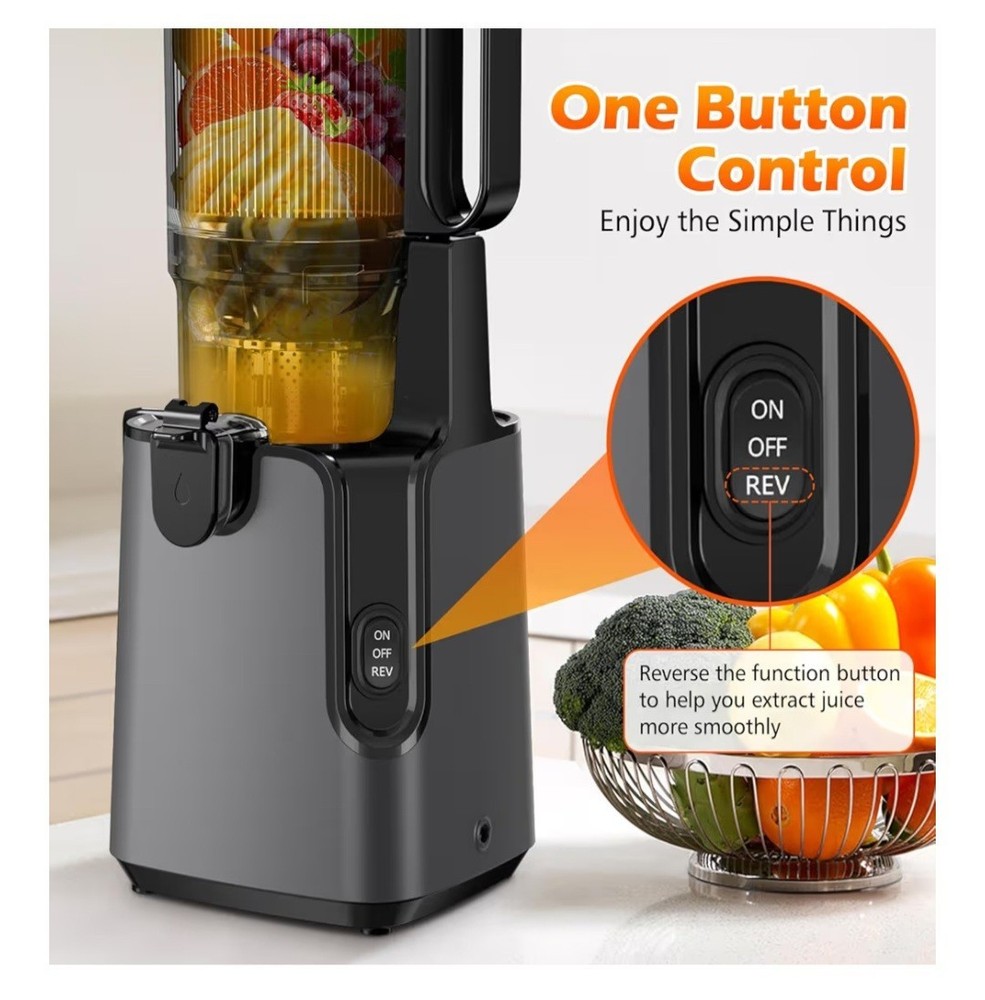 Electric Masticating Juicer Black Extended Feed Chute One Button Control