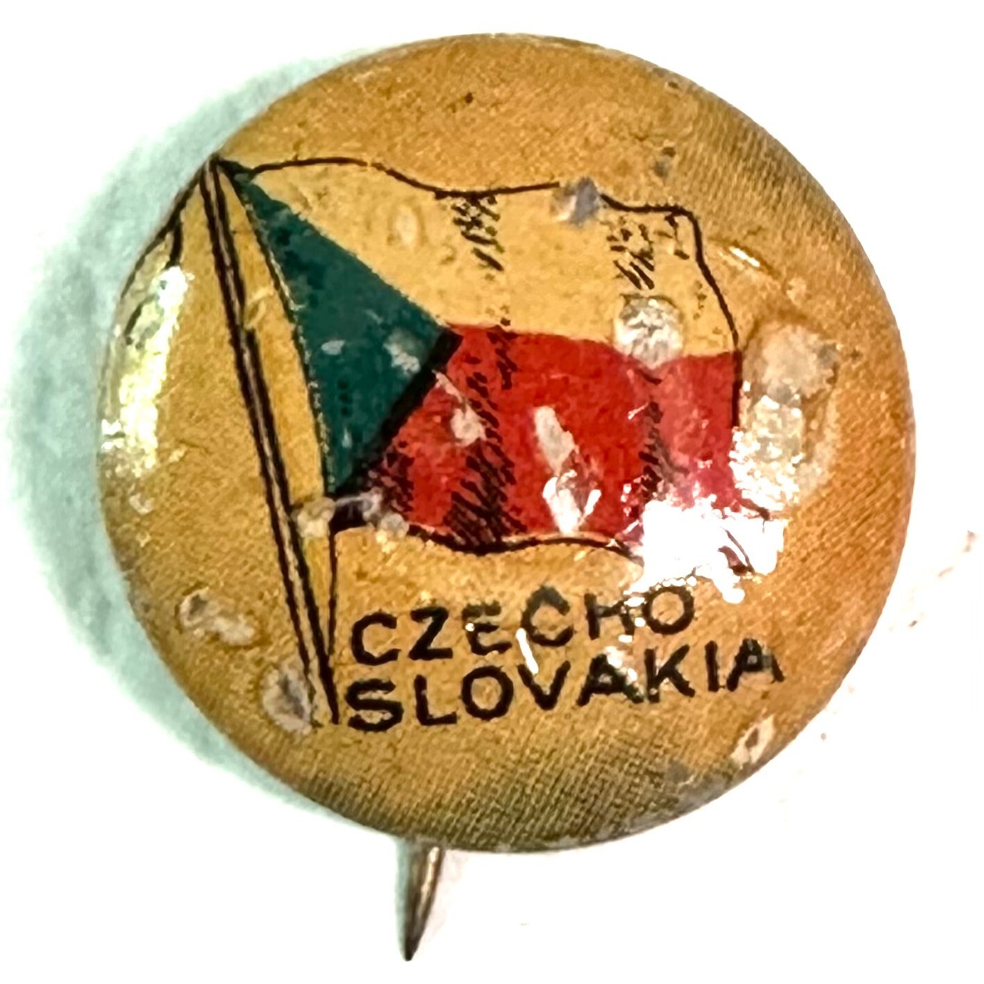 c1900s Tin Litho 7/8" Pinback Button Sheffield Sealect A  CZECHOSLOVAKIA Flag