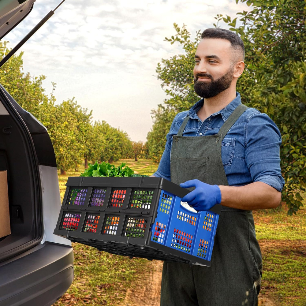 Collapsible Plastic Crate, Foldable Storage Basket, Stackable Utility Crate with