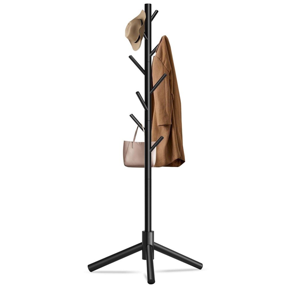 Durable Wooden Coat Rack, Freestanding with Stable Triangular Base 8 Hooks