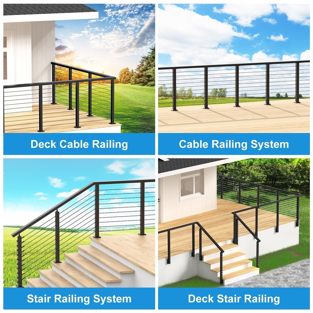 6'6'' Rectangular Cable Railing Handrail, Black Stainless Steel Handrail with...