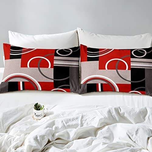 Modern Red Grey Black Stripes Comforter Set Geometric Down Queen Multi 270