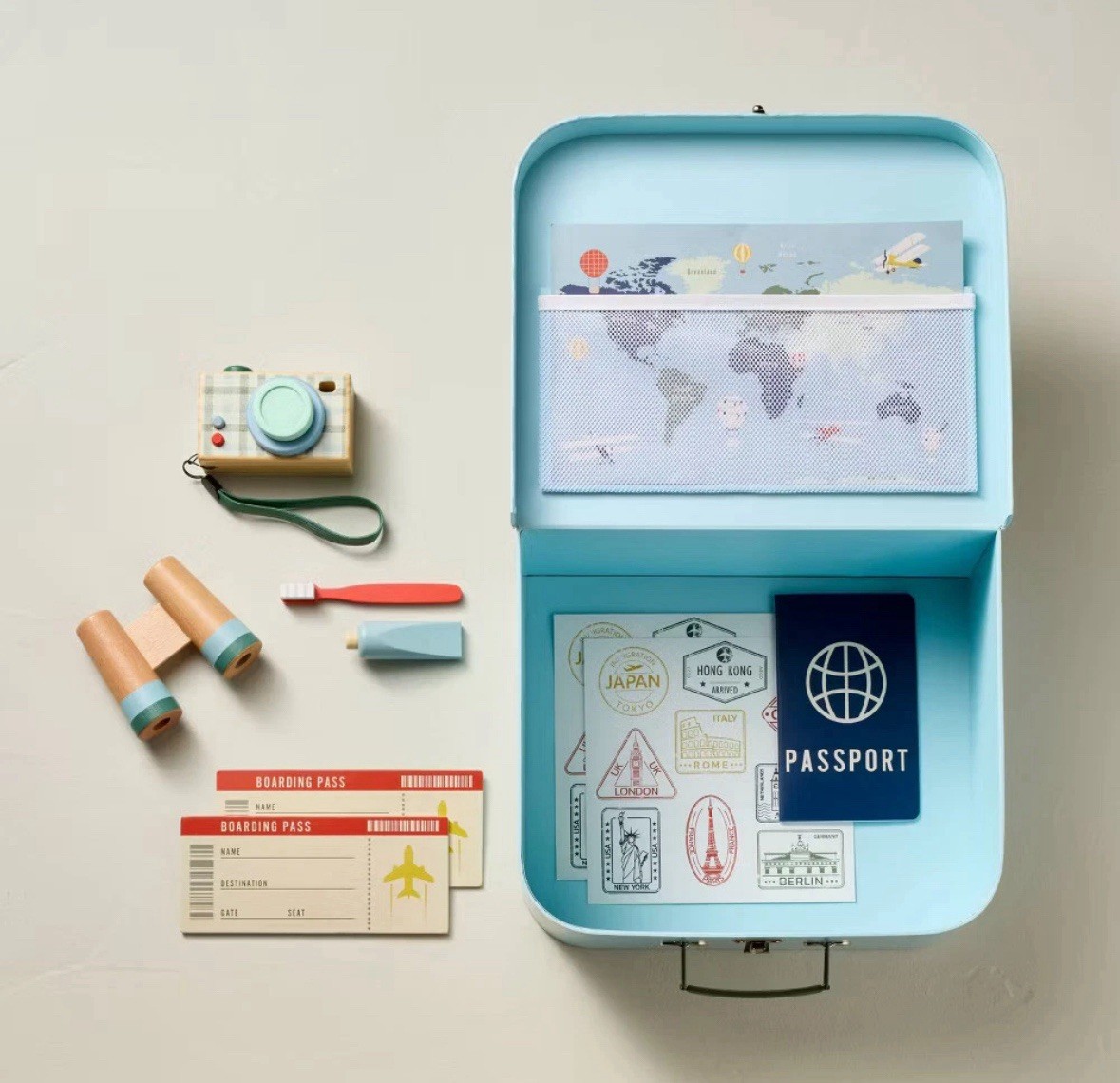 Toy Suitcase & Travel Accessories - Hearth & Hand with Magnolia. Wooden. Map.