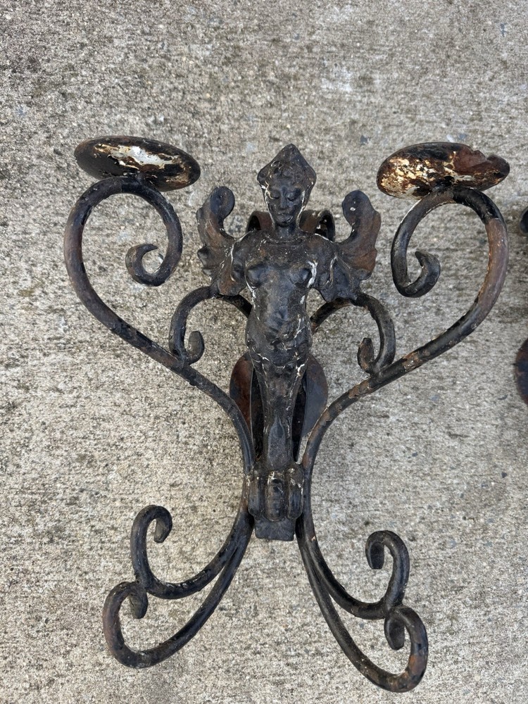 WINGED MERMAID IRON WALL SCONCE CANDELABRUM - PAIR