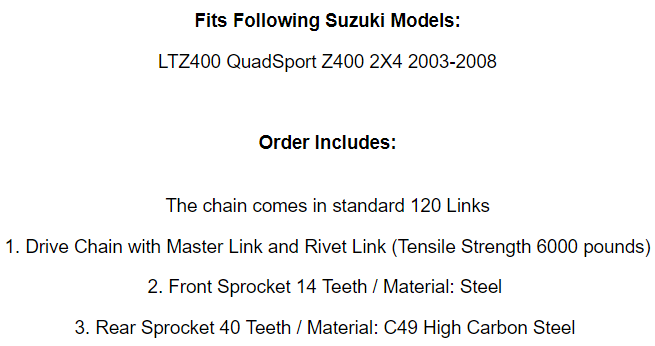 Black Drive Chain And Sprockets Kit for Suzuki LTZ400 Quadsport Z400 2003-2008