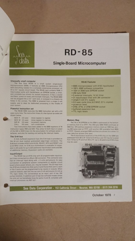 Sea Data Corporation RD-85 Single Board Microcomputer and Related Data Sheet