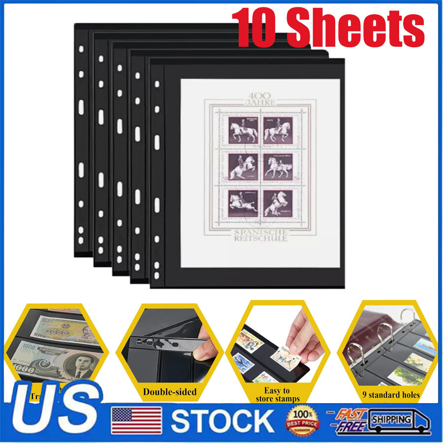 10 Sheets Stamp Album Stock Page 1 Strips Black Double Sided 9 Page Binder Holes