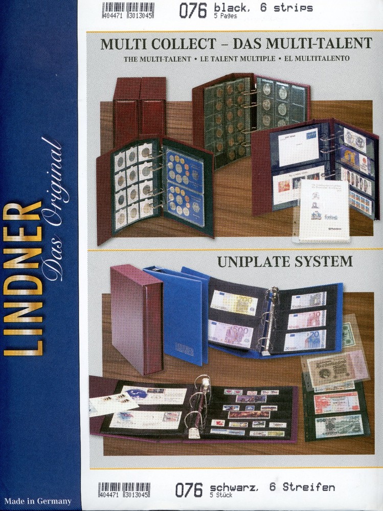 LINDNER UNIPLATE SYSTEM PAGES 076 BLACK 6 ROWS SEALED PACK OF 5 PAGES