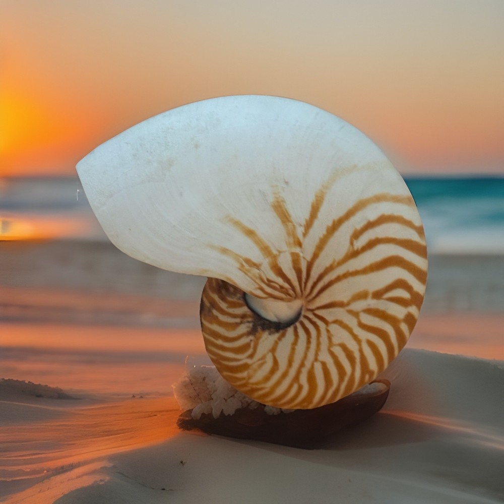 A large, decorative Nautilus shell with striped patterns W/ Coiled Baskety!