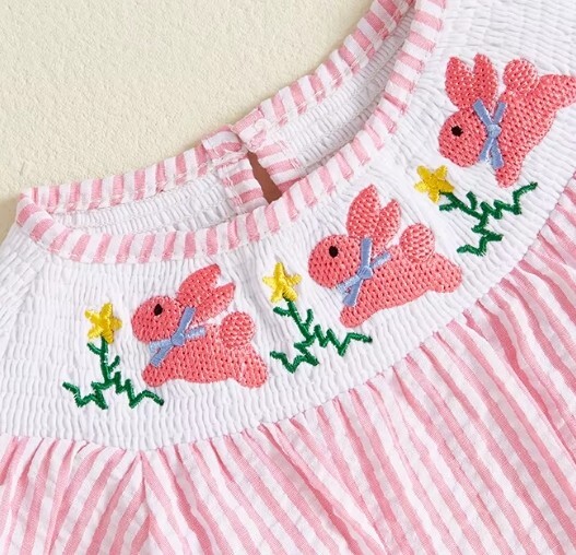 NEW Easter Bunny Rabbit Baby Girls Pink Smocked Seersucker Short Sleeve Dress