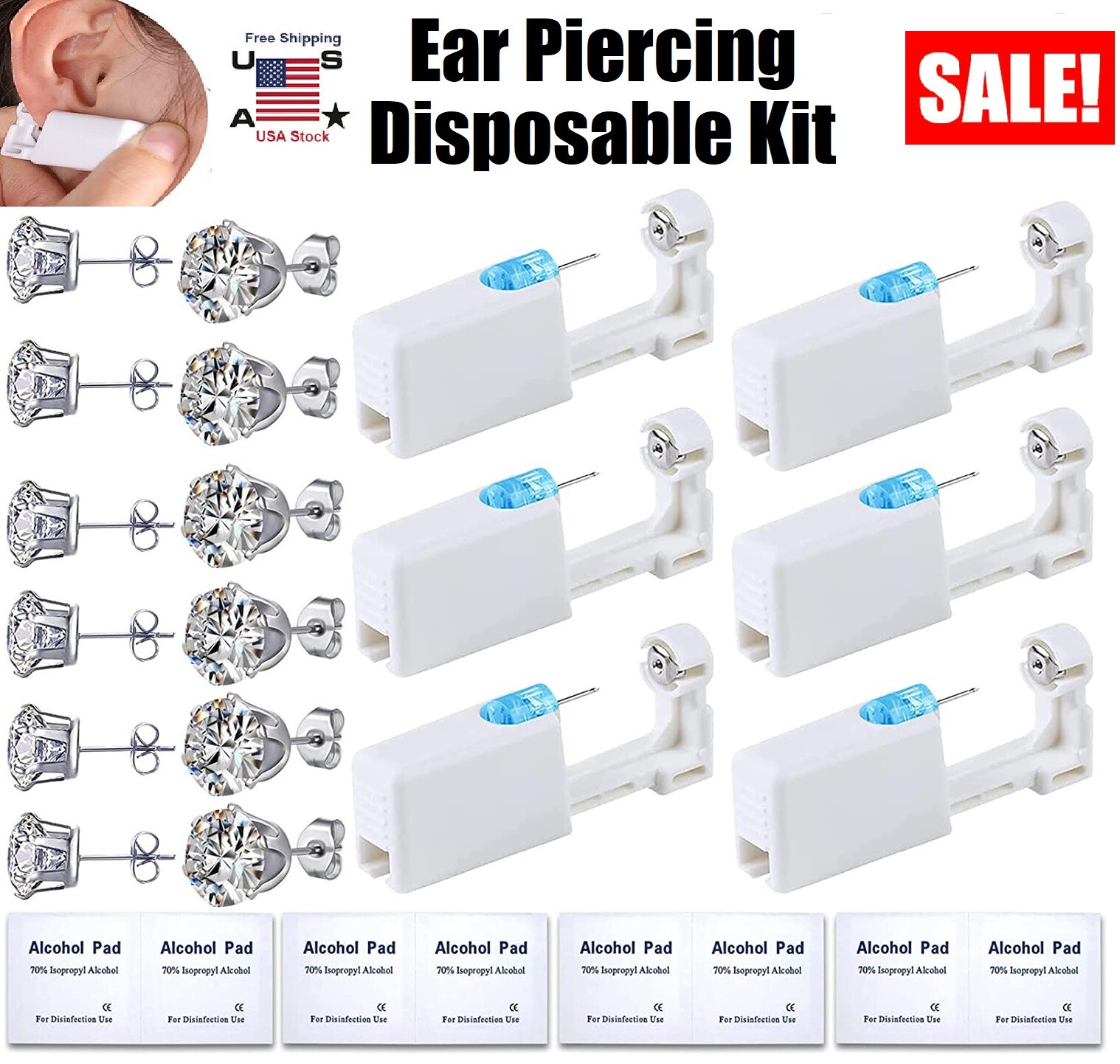 6× Ear Piercing Disposable Kit Silver Stud Earring Gun DIY Home Self Ear Sets US