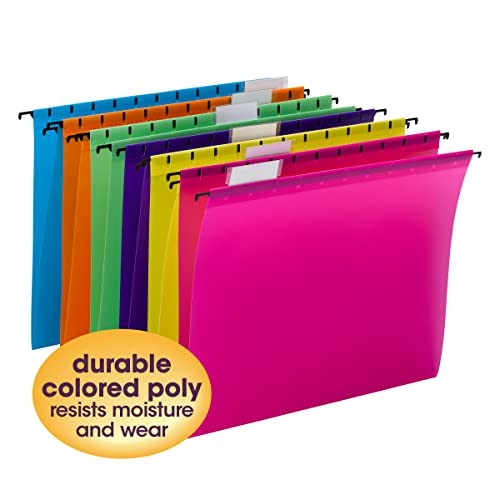 Poly Plastic Hanging File Folders for Documents with Tabs, Bright Colors