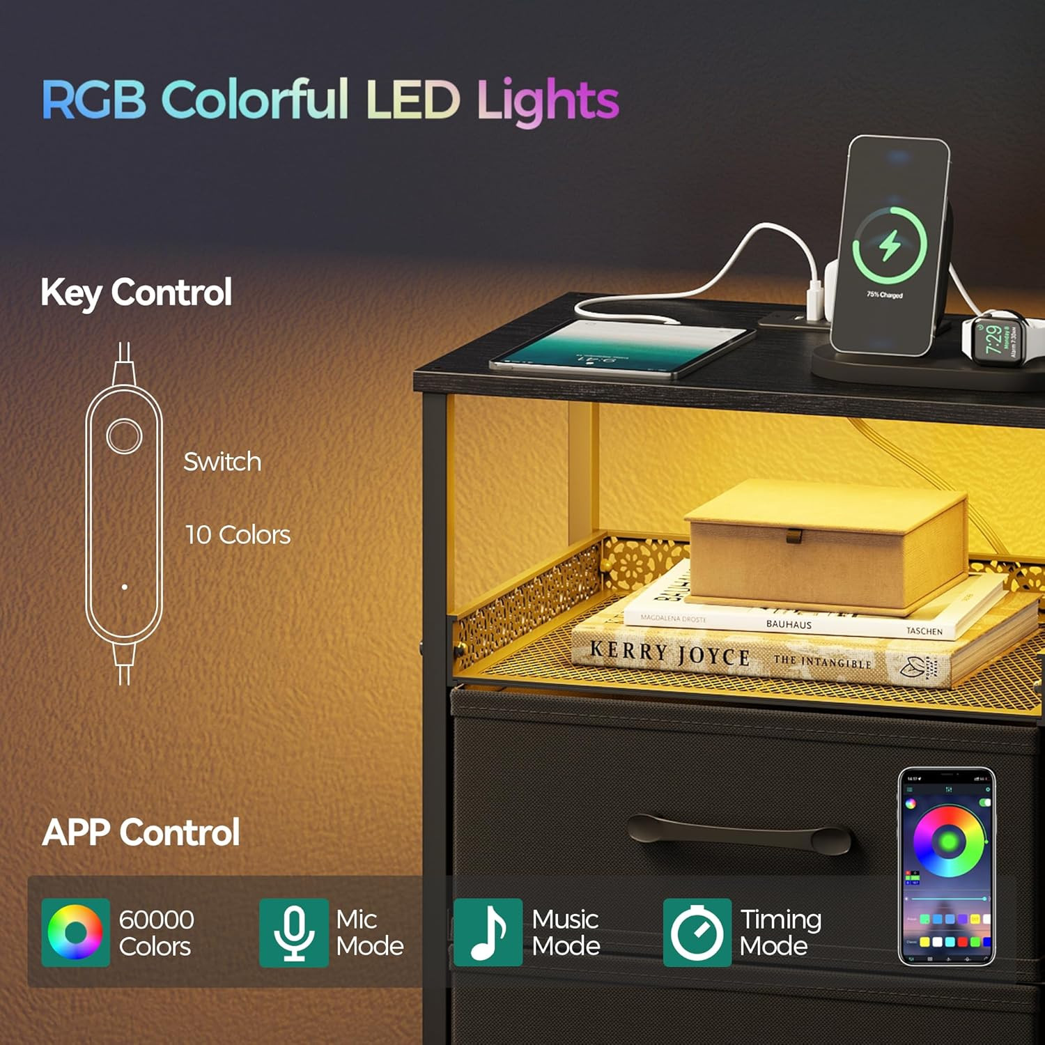 Nightstand Set of 2 with Charging Station, Night Stands with LED Lights, 26.4 In