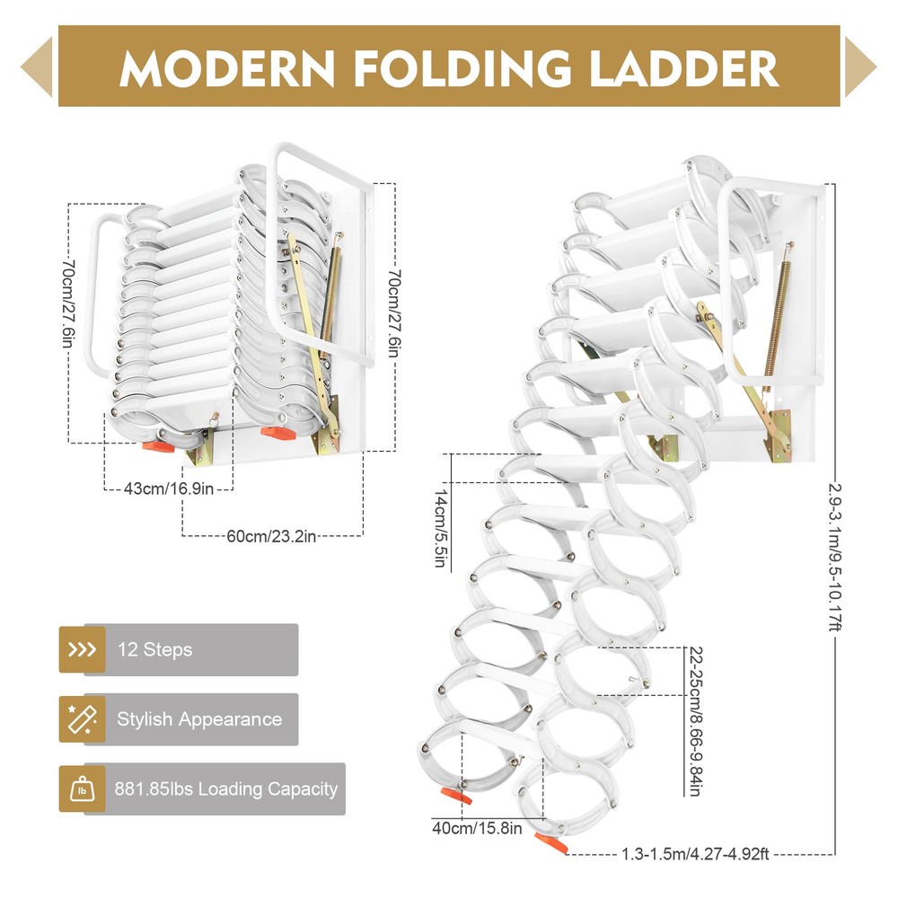 12 Step Wall Mounted Telescoping Loft Ladder Pull Down Folding Attic Stairs