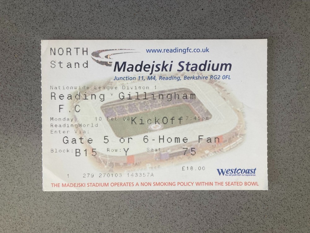 Reading v Gillingham 2002-03 Match Ticket