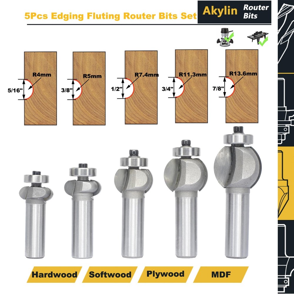 Akylin 5Pcs Edging Fluting Router Bits Set 1/2" Shank Concave Sunk Bead Rad