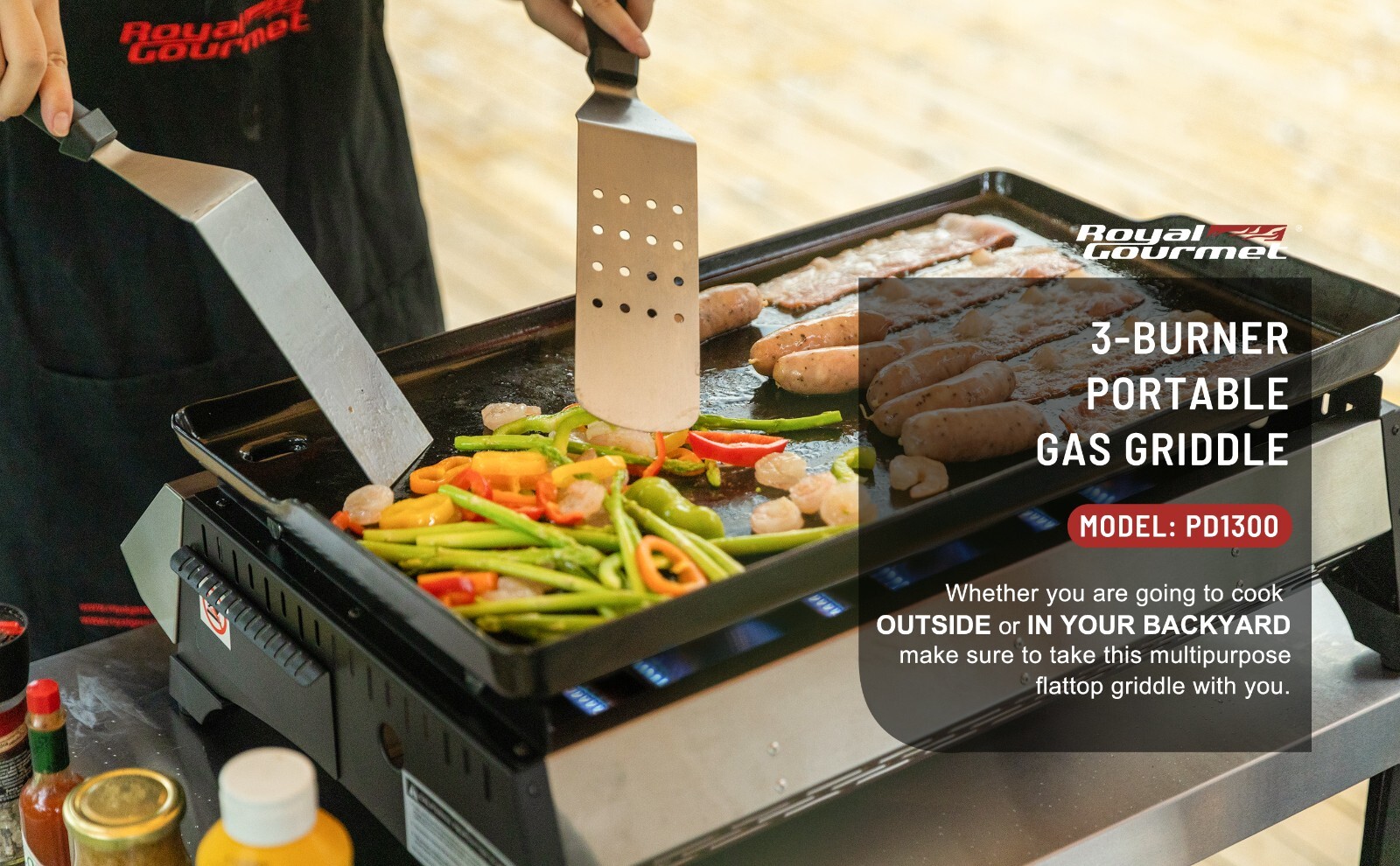 Royal Gourmet 3-Burner Tabletop Griddle Portable Gas Grill for Outdoor Camping