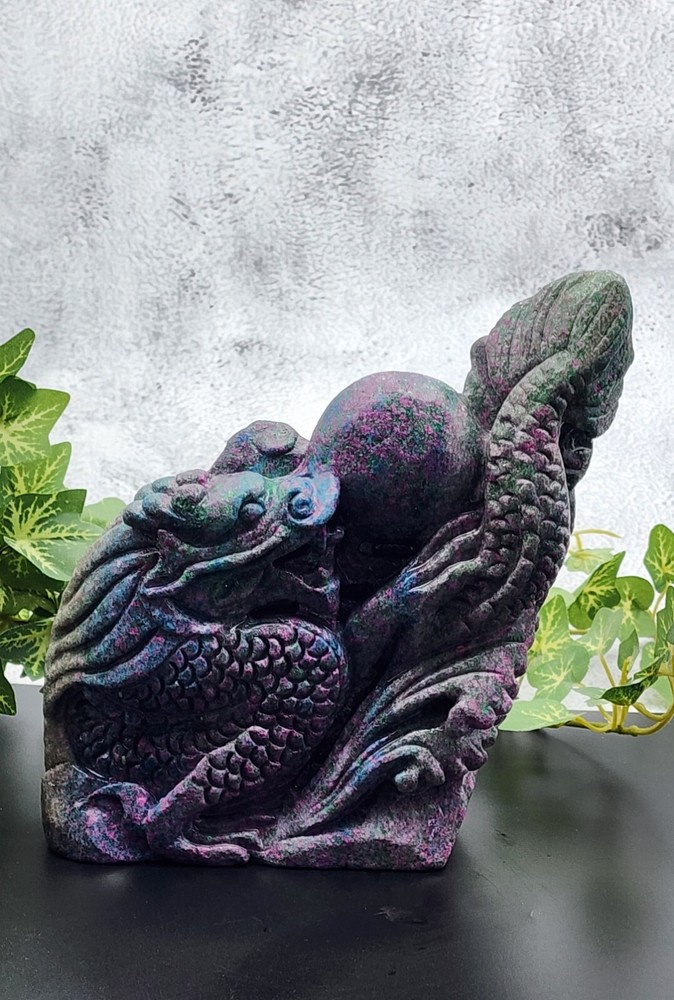 UV Reactive Ruby Kyanite Dragon, Statement Piece Ruby In Kyanite Hand-Carved