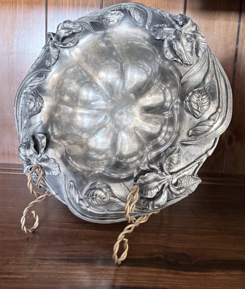 Antique Meriden Dish Bowl Floral 3D Iris Silver Aesthetic