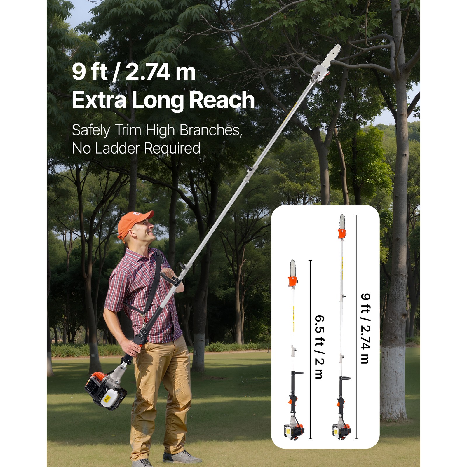 Gas Pole Saw 25CC 2-Stroke Extendable Cordless Tree Trimmer 8 in Cutting Bar