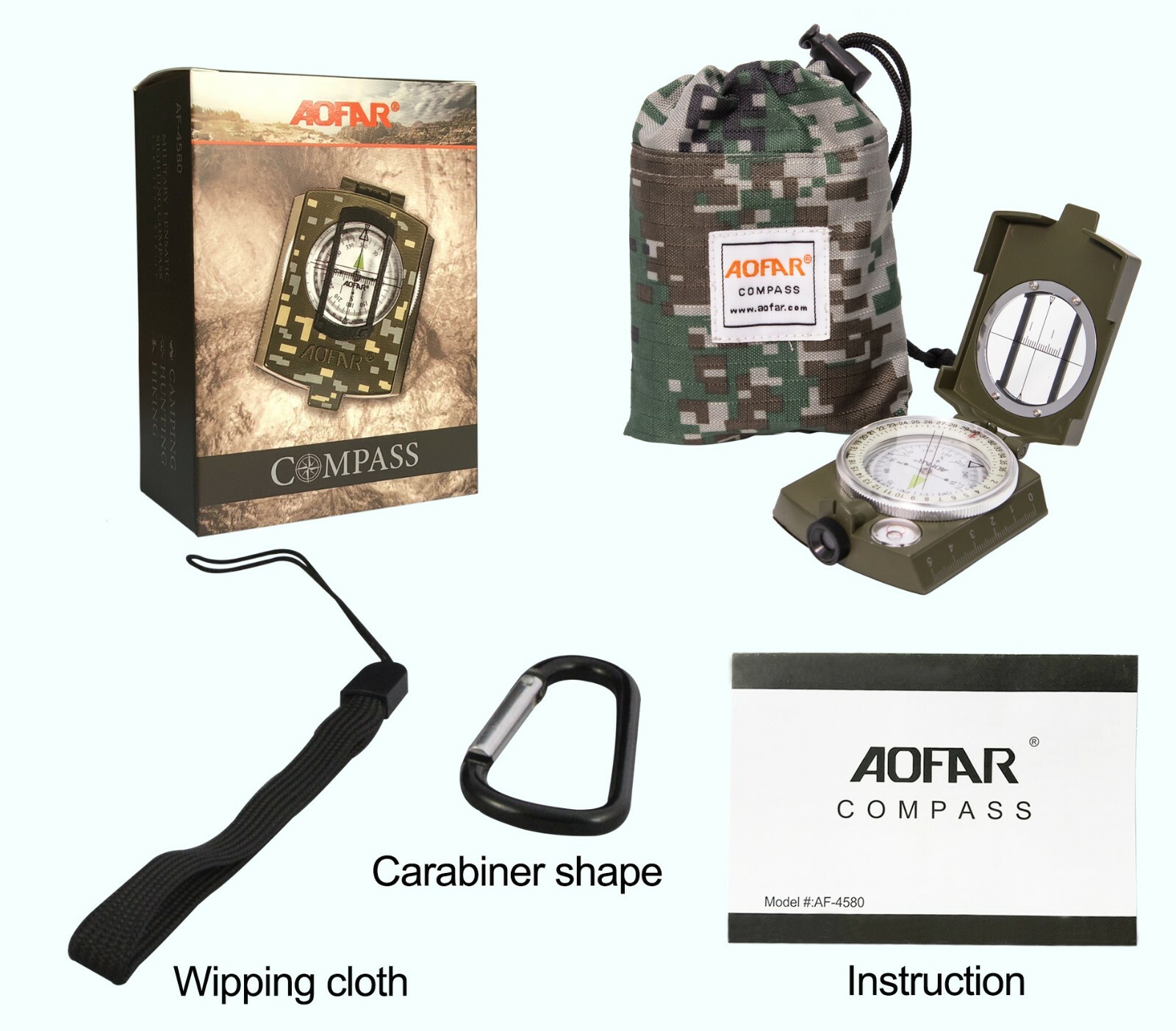 AOFAR Military Compass AF-4580 Lensatic Sighting for Camping Hiking Waterproof