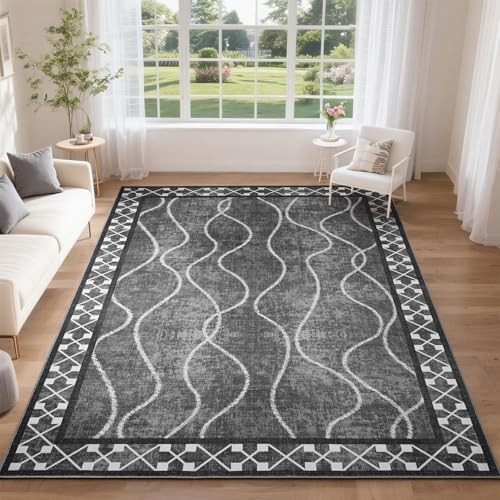4x6 Area Rugs for Living Room, Machine Washable 4 ft x 6 ft Black Grey