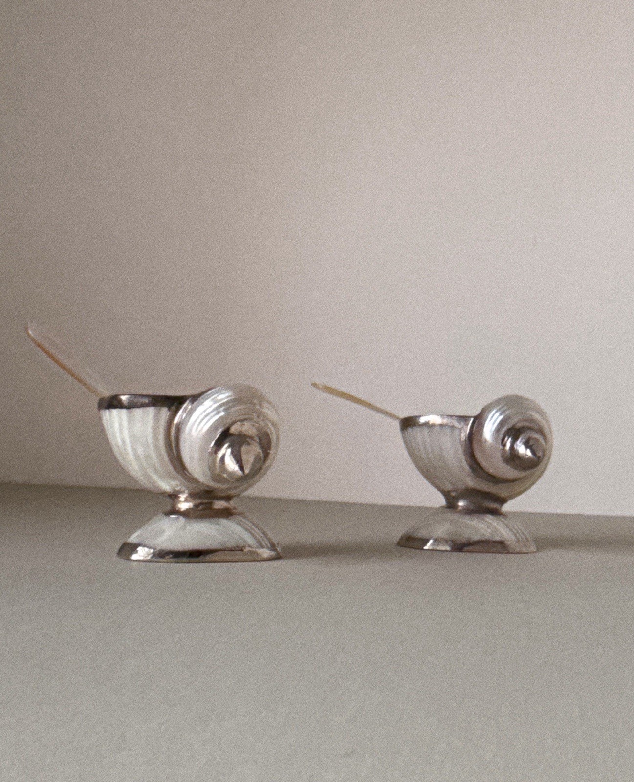 Set of 4 Antique Shell Open Salts with Mother of Pearl Spoons, Sterling Silver