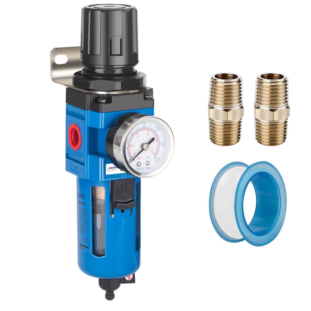 Compressed Air Filter Regulator Combo Piggyback, 5 Micron Brass 3/4" NPT