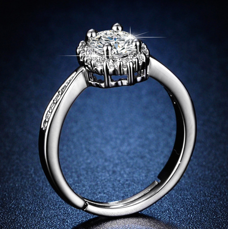 Oval Pave Cubic Zirconia Silver Adjustable Solitaire Ring