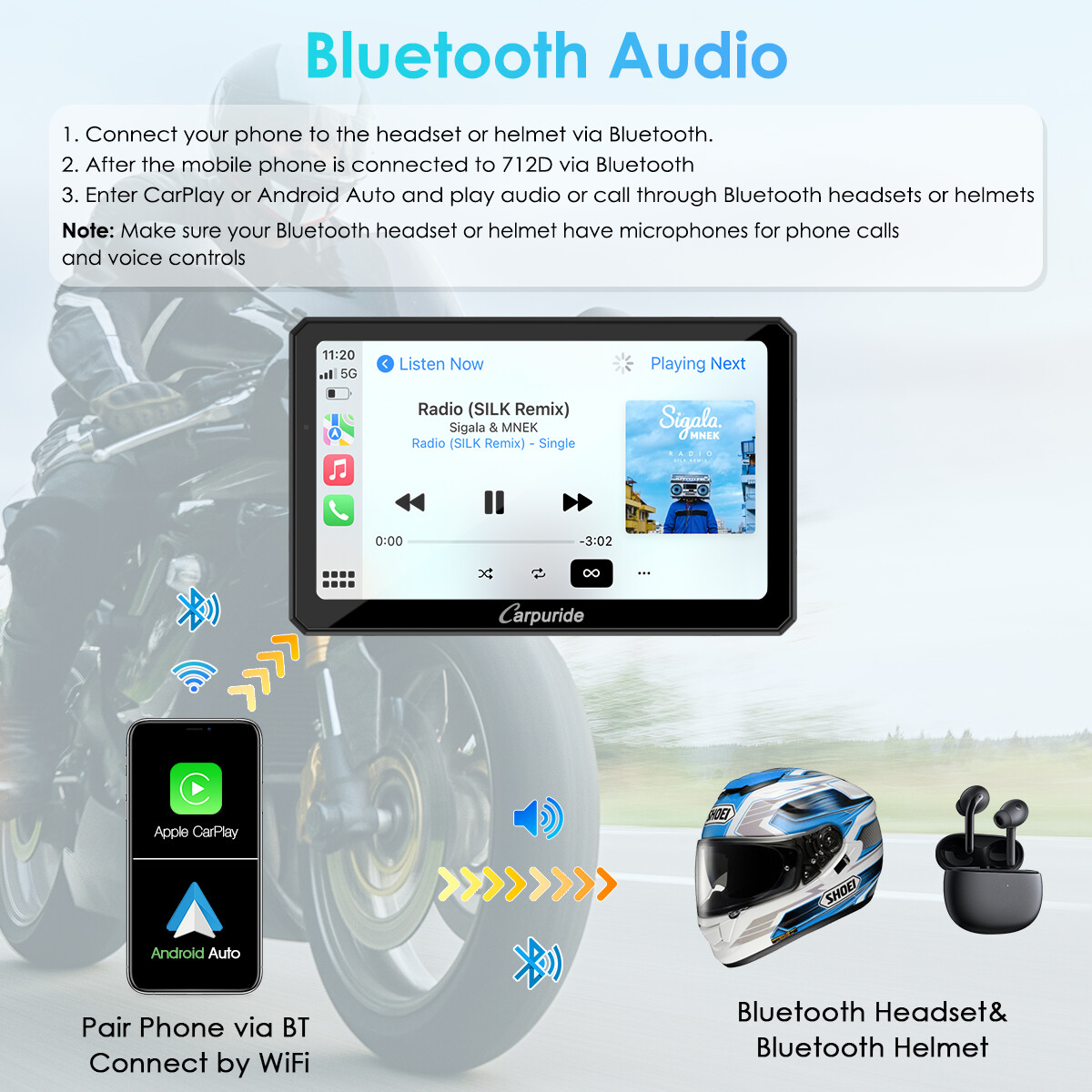 Carpuride W712D Moto Stereo Waterproof Dual Camera Wireless Carplay Android Auto