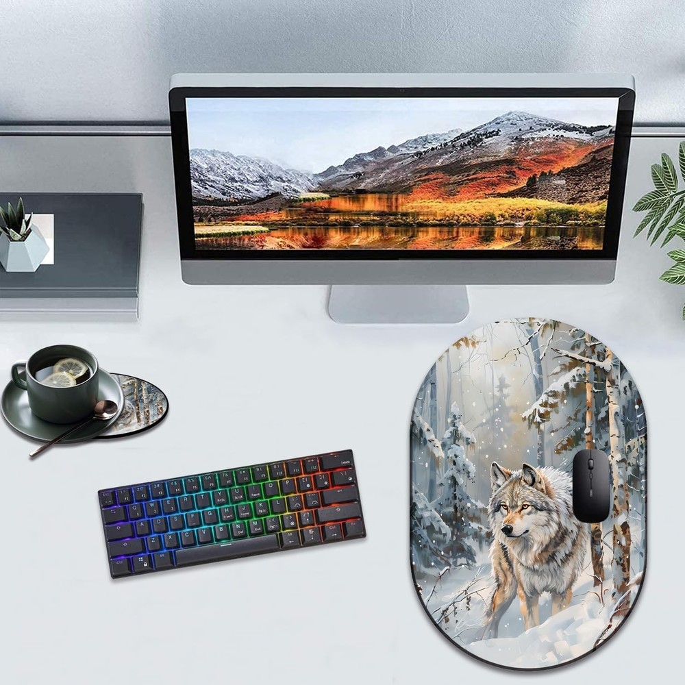 Personalized Snowforest Wolf Mousepad with Coaster Set - Stylish Design, Non-...