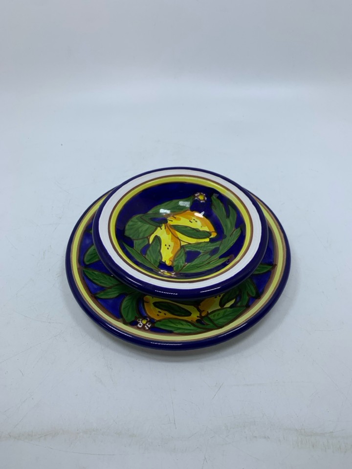 2 PC COBALT BLUE W/ LEMONS DISH/PLATE.