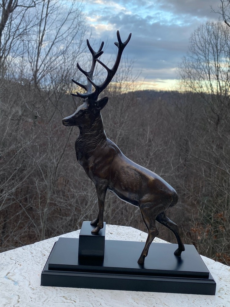 Bronze Deer Buck Complete Rack Antlers Posed On Step Plinth Statue