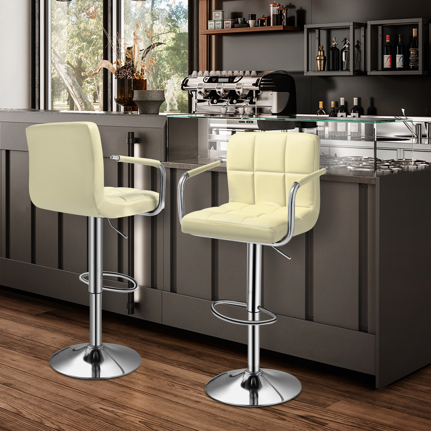 Set of 2 Bar Stools Swivel Adjustable Leather Seat Modern Counter Height Chairs