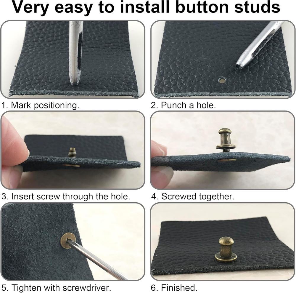 120 Sets Round Head Button Stud Assorted Sizes Button Screw Stud for Leather Chi