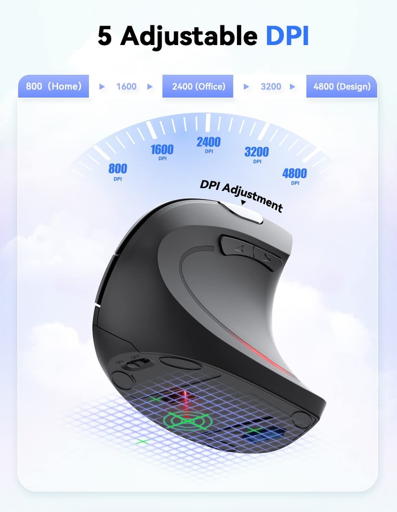 Black 2.4G Ergonomic Wireless Vertical Mouse 4800 DPI Optical 6 Buttons PC