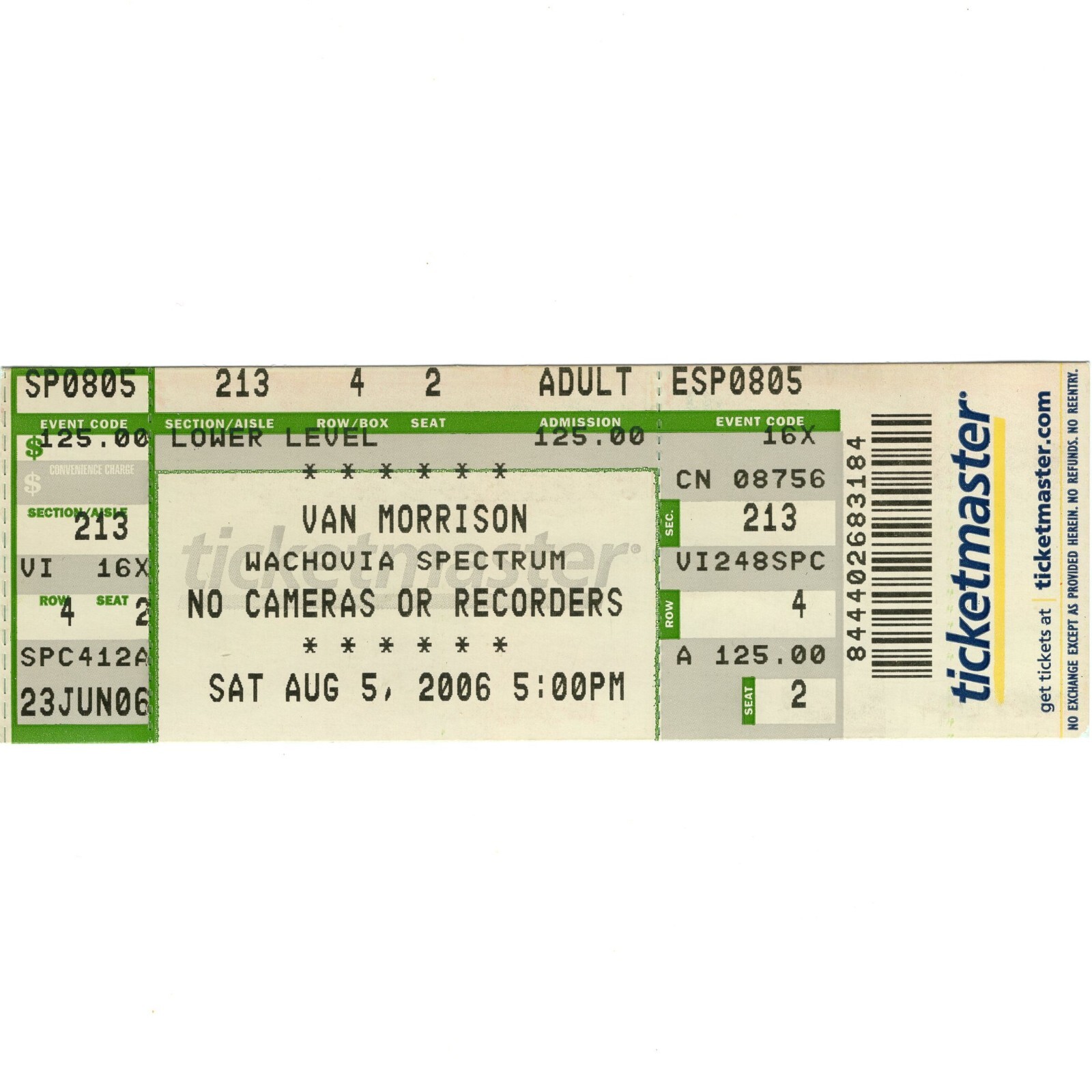 VAN MORRISON Concert Ticket Stub PHILADELPHIA PA 8/5/06 SPECTRUM MOONDANCE Rare