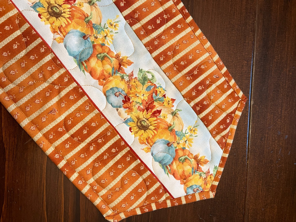 Handcrafted-Quilted Table Runner- Fall Harvest-NEW March 2026 Rust & Gold Stripe
