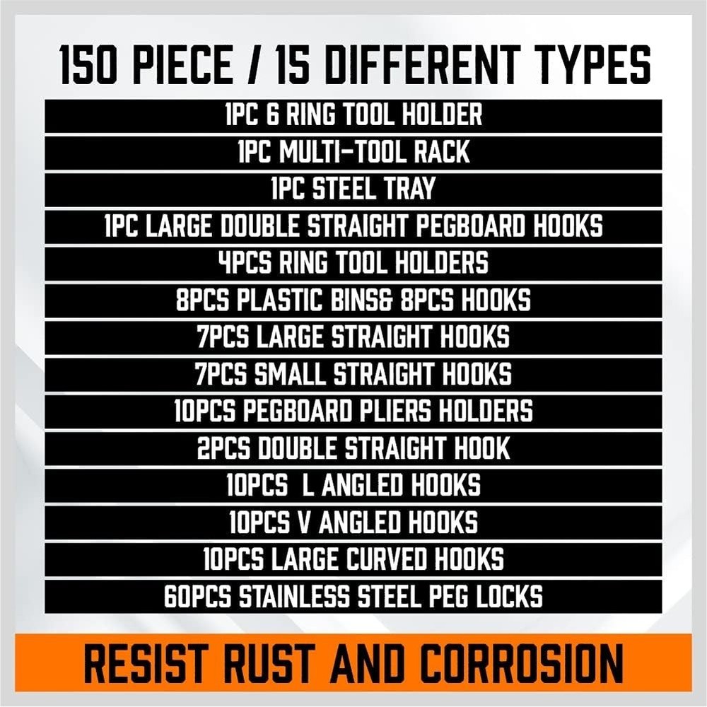 Ultimate 150 PCS Pegboard Hook Assortment Kit – Rust-Resistant Tool Organizer