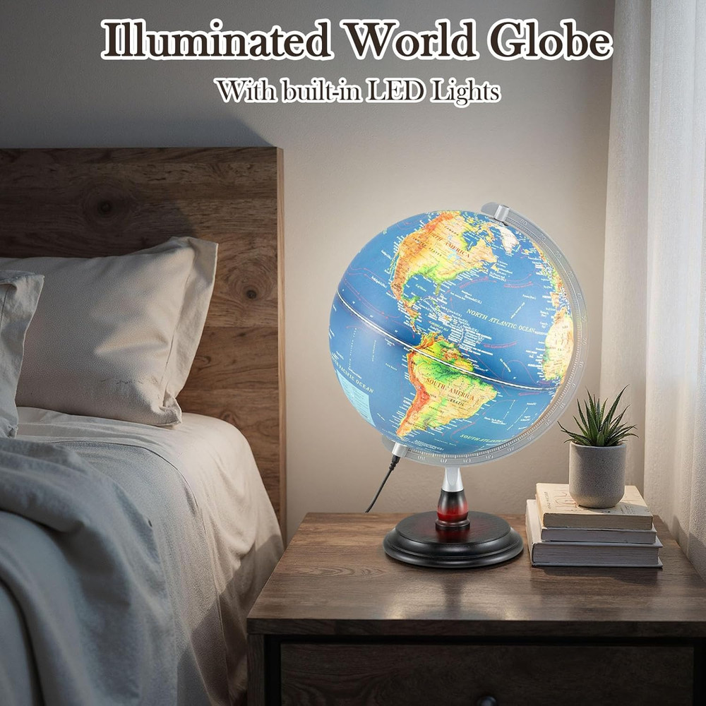 12" Illuminated World Globe, Desktop Globe with Raised Relief, LED Lights, Time