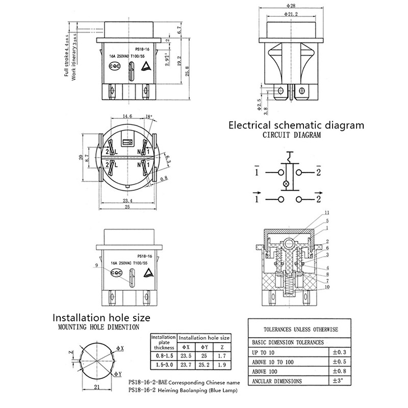 Red Push Button Switch 4 Pins Touch Power Switch Round Rocker Switch PS18-16-2