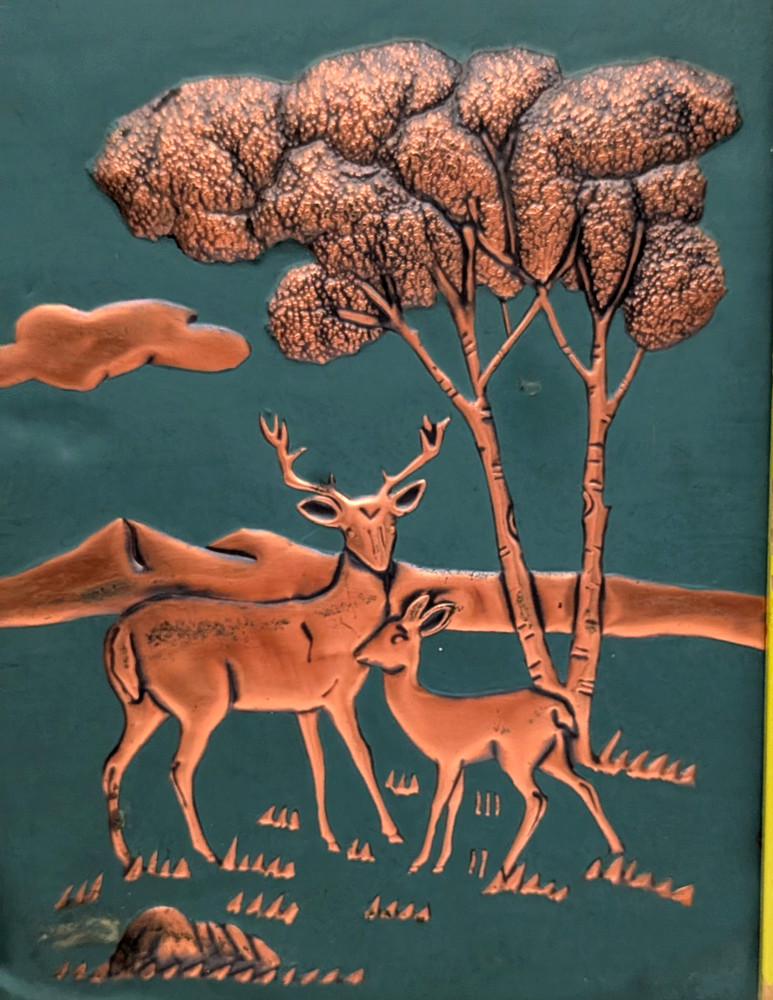 Vintage Hammered Copper Deer & Fawn Framed Artwork Rustic Chippy Frame