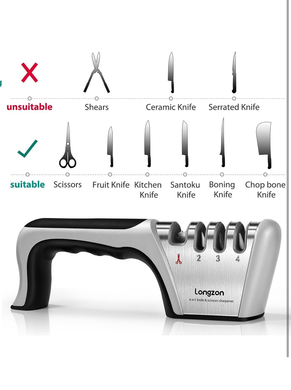 Longzon 4-in-1 Knife Sharpener [4 Stage] with a Pair of Cut-