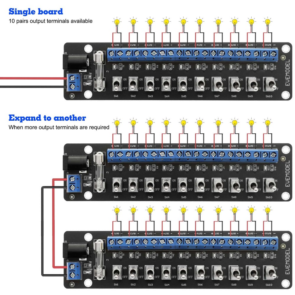 Evemodel 3V-24V DC Individual Toggle Switch Power Distribution Module 10 Channel