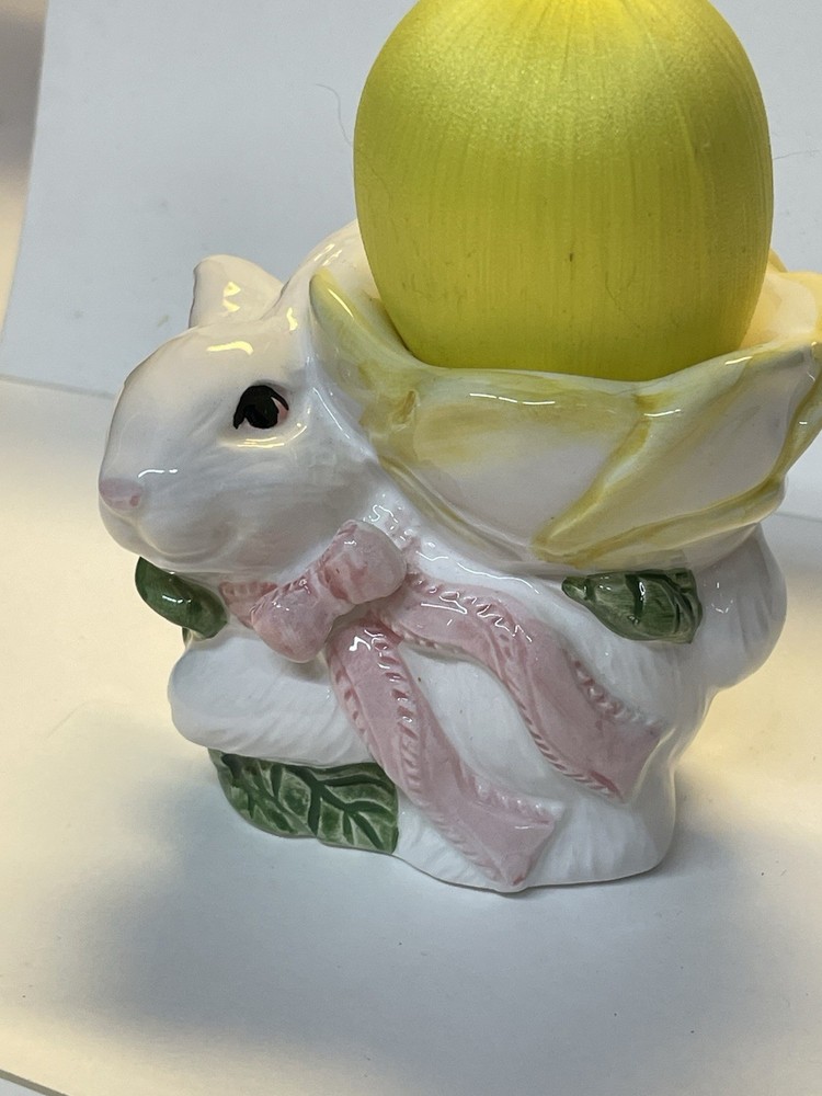VTG Easter Bunny Rabbit Ceramic Egg Cup Holder Flower Pink Bow EUC 20% Off