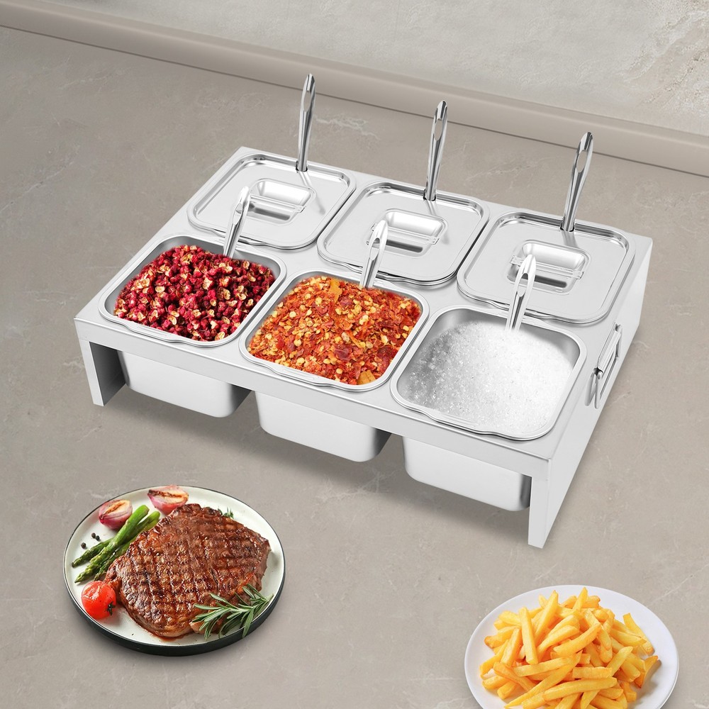 6 Compartment Stainless Steel Tray Set for Toppings and Condiments